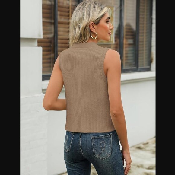 Rapbin Button Down Sleeveless Sweater Vest - Camel - Small - Picture 4 of 10